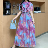 Fongt Design Wood-Like Ear-Side Bubble-Sleeved Dress Women's Waist Thin Temperament Print 100-Fold French Holiday Dress