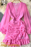 Women Chiffon Derss Spring Autumn Sexy V Neck Ruffles Bodycon Dresses Ladies Slim Pleated Beach Party Dress