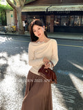 Fongt Xixi 2025 Autumn New White Tidaught Flower Oblique Shoulder Knit Shirt Long-Sleeved Top Sweater Women 89499
