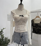 Fongt Pat With Chest Cushion Square Collar Bow Lace Long Sleeve Bottom Top Dress Slim Slim Short Shirt 9520