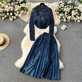 New Advanced Casual Women's Elastic Long Sleeve Pleated Top+High Waist Pleated Half Skirt Printed Skirt 2-piece Set-Outfit