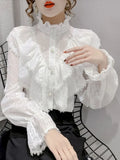 Ruffle Stitching Elegant Lace Blouse Long Sleeve Loose Chiffon Shirts Korean Style Stand Collar Pleated Top Blusas