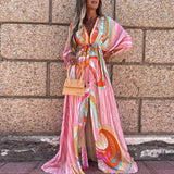 Fongt Spring New Holiday Wind V-Neck Printed Printed Long Dress