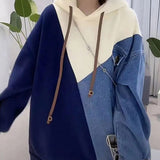 Clothing Denim Patchwork Hooded Sweatshirts Stylish Autumn Winter Korean Casual Loose Contrasting Colors Pockets Tops-Outfit