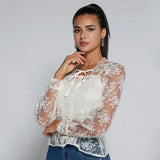 See Through Lace Chiffon Blouse Women Sweet French Square Collar Flower Lace-up Mesh Shirt Loose Long Sleeve Top