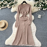 Fongt Small Fragrant High-Grade Metal Buckle Waist Dress Women 2025 Autumn Thin Temperament Hollow Knitted Long Dress