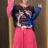 Cartoon Letter Printed Pullovers Casual Loose Summer Thin Round Neck Women's Clothing Fashion Spliced Basic Gauze T-shirt-Outfit