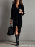 Fongt Women's Elegant Workwear Style Pocket Button Velvet Shirt Dress Dress