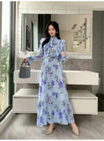 Fongt 2025 New Long-Sleeved Heavyweight Bow Long Print Chiffon Sweet Dress Seaside Holiday