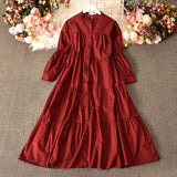 Temperament Aging Solid Color Simple Dress Autumn Dress Korean Version Fashion Bubble Long Sleeves Show Thin Button Long Skirt Women-Outfit