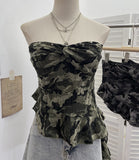 Fongt Camouflage Brat Vest Female Niche Irregular Ribbon Hole Babes Y2k Sleeveless Top 1229