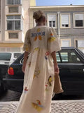 Fashion Positioning Print V Collar Cute Short Sleeve Loose Dress 2025 Spring And Summer