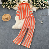 Fongt Women's Summer V-Neck Loose Knitted Cardigan Top + Broad Leg Trousers Set With Striped Hollow Set