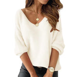 Fongt Autumn New Imitation Marinose Sweater Female Solid Color Long-Sleeved V-Neck Loose Large-Size Woman