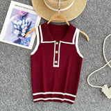 Fongt Style Striped Knitted Sleeveless Vest Women's Summer Collar Slimming Design Chic Beautiful Little Man Top