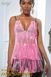 Women New Solid Tassel Sexy Two Piece Set Rhinestone V Neck Sleeveless Halter Backless Top Camis Hollow Out Party Mini