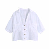 Women Fashion Candy Color Double Pockets Loose Linen Smock Blouse Lady Buttons Short Shirt Chic Kimono Blusas Tops