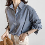 Fongt Version Of POL Collar Thin Striped Cotton Silk Shirt Woman 2025 New Broken Shoulder Long Sleeve Tuxedo