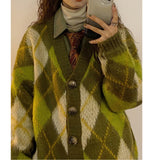 Fongt 2023 New Autumn Winter Loose Green Diamond Sweater Cardigan Coat Thick Lazy Sweater Women-Outfit