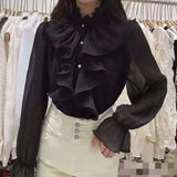 Spring Ruffle Stitching Palace Blouse Women Long Flare Sleeve Buttons Ruched Loose Top New Stand Collar Chiffon Shirt