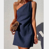 and Fashionable Summer Sexy One-shoulder Asymmetric Diagonal Collar Cotton and Linen Casual Loose Comfortable Mini