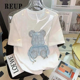 Embroidery Bear Diamond T Shirts Cute Cartoon Summer Tee Tops High Quality Cotton Short Sleeve Kawaii Clothes Korean 2023-Outfit