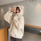 Warm Wool Bear Ear Hooded Sweatshirt Women Korean Style Students Plus Size Hooded Pullover 2021 Oversized Hoodies