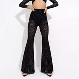 Fongt Women's Explosive Sexy Mesh Yarn Velvet High-Rise Legs Long Micro-Rac Casual Trousers