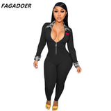 PINK Letter Embroidery Bodycon Jumpsuit Fashion Plaid Patchwork Bodysuits Long Sleeve Sexy Zipper Playsuits