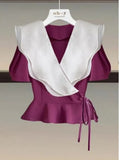 Women Summer Elegant Two Pieces Set Office Ladies Elegant Ruffles Patchwork Lace Up Tops And Split Flare Long Pants Sets