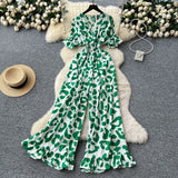 Fongt Dress Holiday Wear Chic Light Leisure V Collar Short Sleeves Tight Waist High Waist Thin Leg Print Jump Trousers