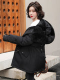 Hooded Jacket Woman Warm Fur Lining Cotton Padded Parka Female Drawstring Basic Coat Windproof Women Jacket