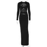 Summer Women's Fashion Hollow Out Solid Color Long Sleeve Slim Crop Sexy Dress-Outfit