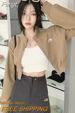 Korean Fashion Black Zipper Cropped Hoodies Women Gothic Grunge Graphic Print Sweatshirts Long Sleeve Sport Tops