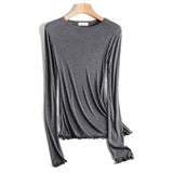 Women Ruffles Long Sleeve T Shirt Spring Autumn Slim Fit Casual Tshirt Female Basic Solid Elastic See-through Tee Y2k Streetwear-Outfit