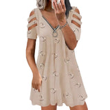 Fongt Wish Women's V-Neck Zipper Printed Short Sleeves Relaxed Casual Lavender Dress