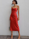 Maxi Dress Women Satin Backless Pile Collar Spaghetti Strap Evening Sexy Elegant Party Outfits Floor Length y2k