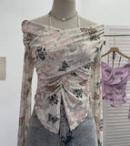 Real Shot Shoulder Strap Hanging Neck Pure Lust Wind Long-Sleeved T-Shirt Repair Cross-Folded Open Fork Short Top