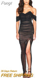 Off-Shoulder Draped Tight-Fitting Mesh Bandage Dress Ladies Sexy Party Dress Halter Elegant Long Party Dress