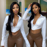2023 New Women's Sexy Long Sleeve White Shirt Short Top Female Shirt-Outfit
