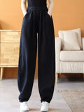 Women's Pants Elastic Waist Loose Casual Cotton Linen Women's Trousers Solid High Waist Black Summer Pants 2023