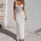 Fongt Beach Hoodie Hanging Neck Sexy Low Chest Bare Back Knitted Long Sunscreen Skirt