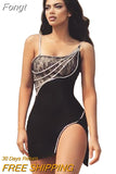 2023 Summer Ladies New Mesh Sling Sling Diamond Split Sexy Bodycon Black Dress Fashion Celebrity Club Evening