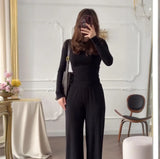 Fongt Summer New Women's Round Neck Solid Color Wide Leg Pants Commuting Leisure Suit Women