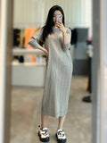 Fongt Folded New Denim Print Dress Women's Long Sleeves In The Long Fashion High-End Temperament Dress