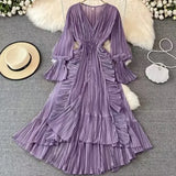 Fongt Fairy Seaside Holiday Chiffon Dress Female Lotus Lace V Collar Temperament Folded Waist Thin Swing Dress