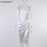 Strapless Split Wrap Satin Dress Elegant Spaghetti Strap Backless Bodycon Dress Club Night Party Women Ruched