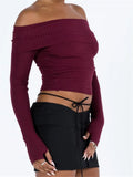 Women Off Shoulder Crop Tops Pullovers Solid Color Ribbed Slash Neck Sweaters Long Sleeve Exposed Navel Knitwear 2023-Outfit