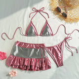 2025 New Sexy Hot Tau Tarant Cloth Bump Color Bikini Three-Piece Short Skirt Strap Swimsuit