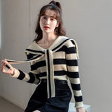 Women's Stripe Sweater Lace-ups Sweet Casual Knitted Long Sleeves Tops-Outfit